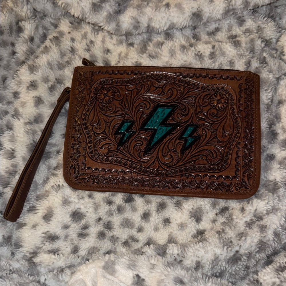 Perfect for the NFR!! Brown Leather Wristlet with Teal Accents